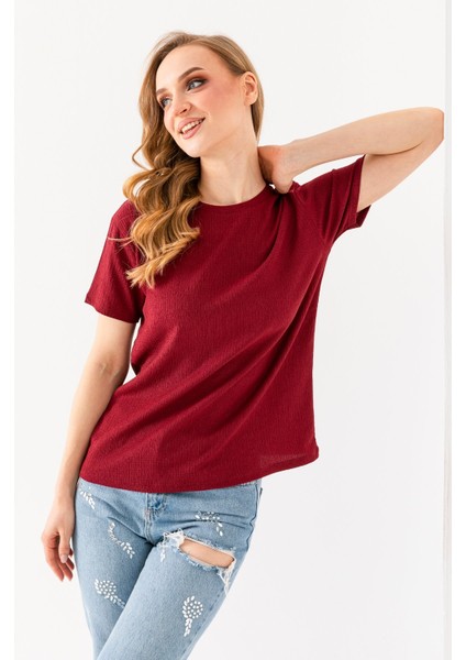Kadın Bisiklet Yaka Bürümcük Basic T-Shirt Bordo - 254413