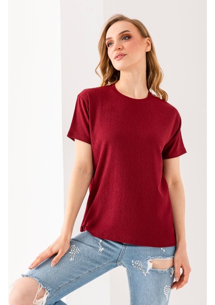 Kadın Bisiklet Yaka Bürümcük Basic T-Shirt Bordo - 254413