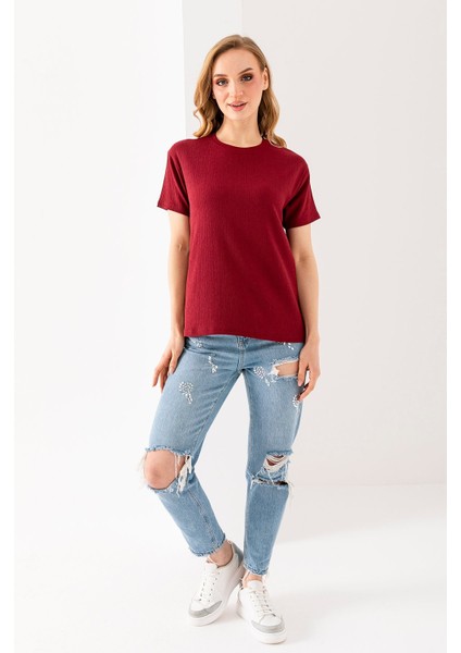 Kadın Bisiklet Yaka Bürümcük Basic T-Shirt Bordo - 254413