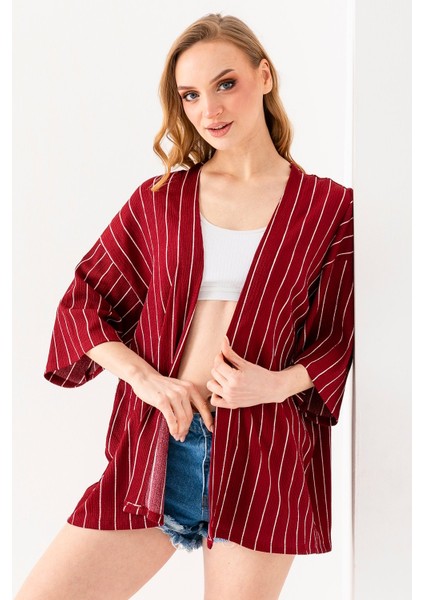 Kadın Yarım Kol Çizgili Bürümcük Kimono Bordo - 254406