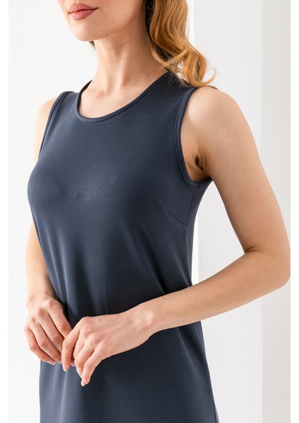 Kadın Bisiklet Yaka Kolsuz Yırtmaçlı Elbise Antrasit - 25Y 6267