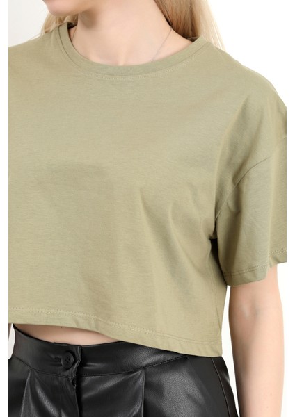 Kadın Bisiklet Yaka %100 Pamuk Basic Crop T-Shirt Haki - 925007