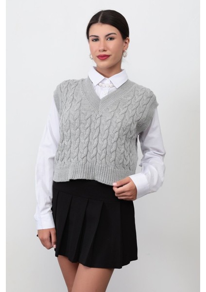 Gri Kadın V Yaka Saç Örgülü Crop Triko Süveter - 4007
