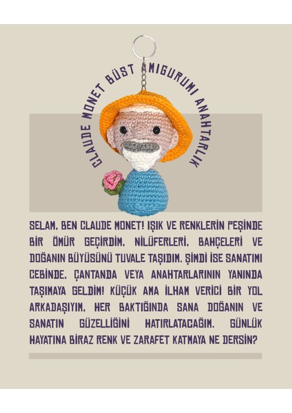 Claude Monet - Büst Amigurumi Anahtarlık 10 cm - El Yapımı Sanatsal Örgü Çanta Aksesuarı fiyatları