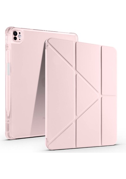 Apple iPad Air 13 2025 M3 Kılıf Uyku Modlu Standlı Katlanabilen Kalem Bölmeli Tri Folding Kapak - Rose Gold