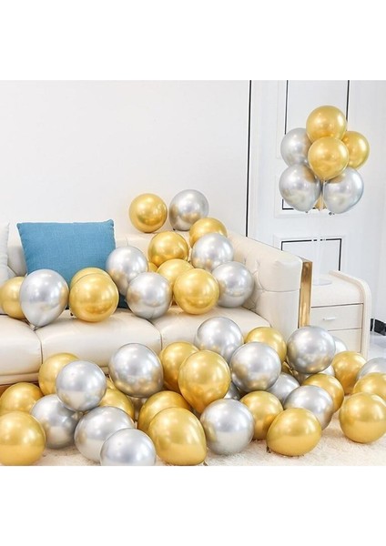 30 Adet Balon Metalik Renkler Beyaz - Gold - Gümüş 3 Farklı Renk