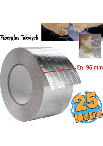 Yapışkanlı Fiberglas Lif Takviyeli Alüminyum Folyo Bant 96 mm x 25 Metre Yanmaz Yalıtım Bandı