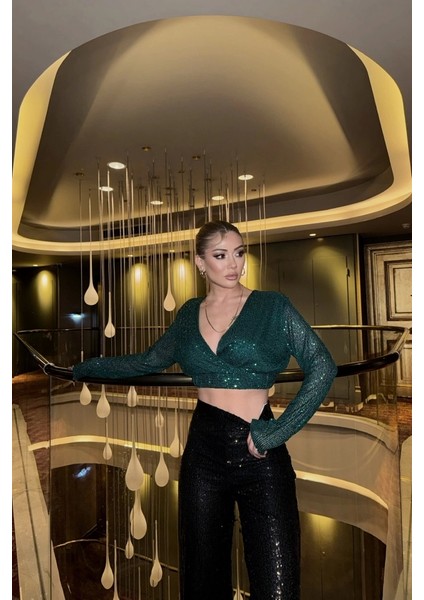 Pullu Crop Kruvaze Bluz - Zümrüt