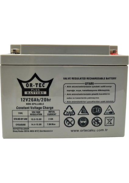 Ortec 12V 26AH Bakımsız Kuru Ups Aküsü