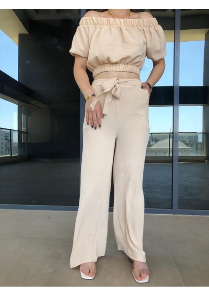 Beli Lastikli Kuşaklı Pantolon - Bej
