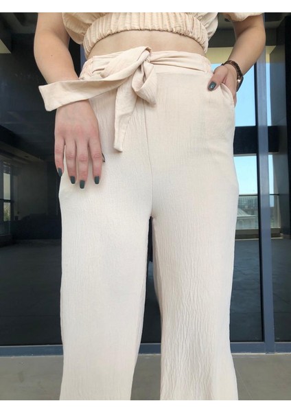 Beli Lastikli Kuşaklı Pantolon - Bej modelleri