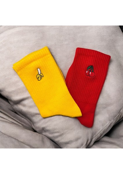 2 Çift Vişne ve Muz Desenli Nakışlı Unisex Soket Çorap Seti