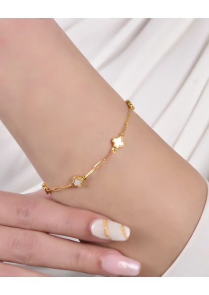 2,50 (Gram) Beyaz Taşlı Bileklik Künye Unisex 14 Ayar Altın