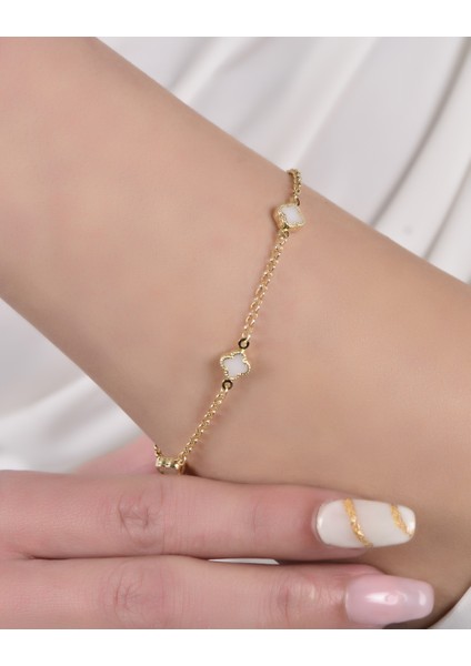 2,50 (Gram) Beyaz Taşlı Bileklik Künye Unisex 14 Ayar Altın