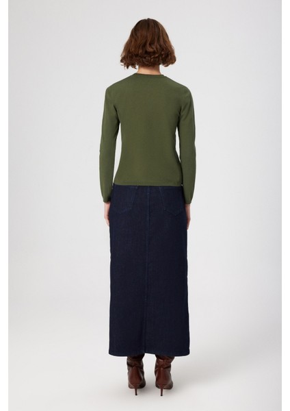 Mavi Önden Yırtmaçlı Uzun Denim Etek modelleri