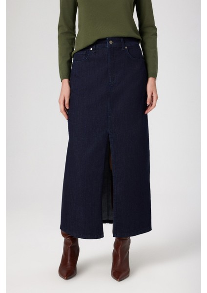 Mavi Önden Yırtmaçlı Uzun Denim Etek fırsatları