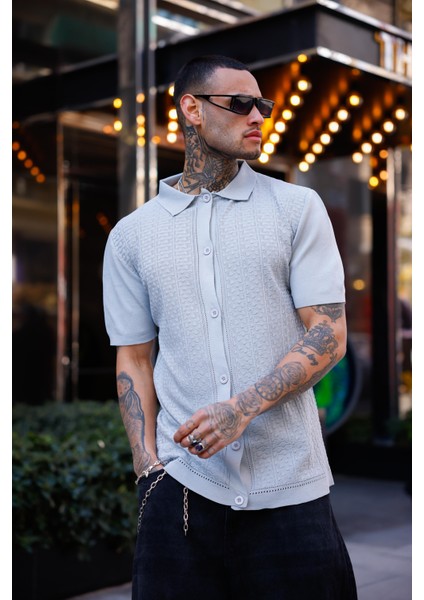 Lacivert Renk Detaylı Kısa Kol Triko Gömlek