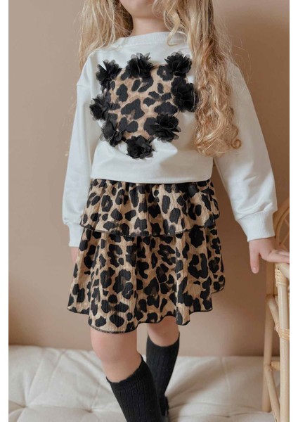 Leopar Desenli 3D Çiçekli Sweatshirt ve Kat Kat Etek Kız Çocuk Takımı - Beyaz fiyatları