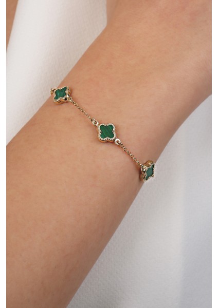 14 Ayar Altın Üçlu Yeşil Yonca Bileklik