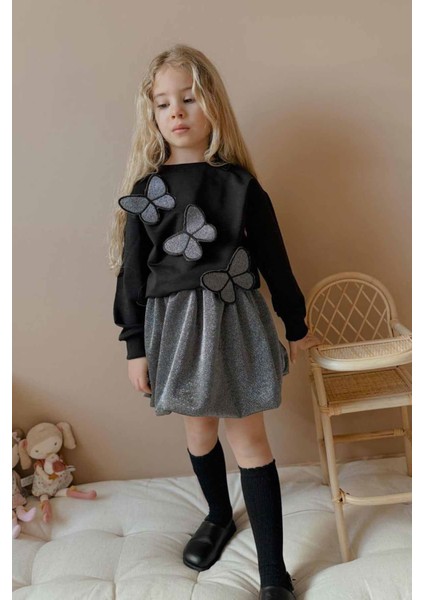 Kelebek Sim Detaylı Balon Etekli Kız Çocuk 2 li takım - Siyah