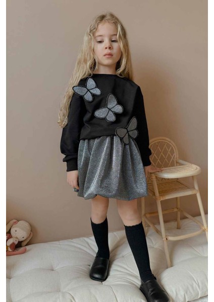 Kelebek Sim Detaylı Balon Etekli Kız Çocuk 2 li takım - Siyah fiyatları