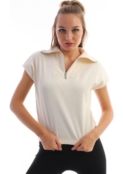 Ekru Dik Yaka Kaşkorse Regular Fit Pamuklu Kadın Tişört