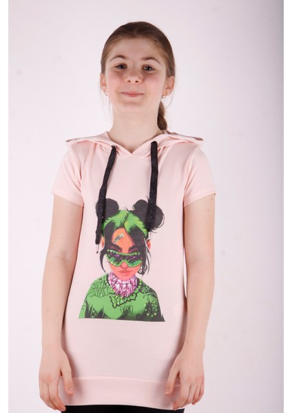 Kız Çocuk Billie Eilish Baskılı Kapüşonlu Tişört