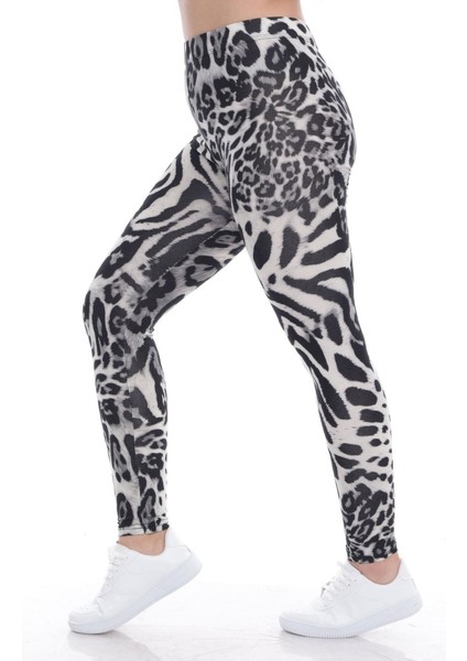 Gri Beli Lastikli Leopar Desenli Tayt