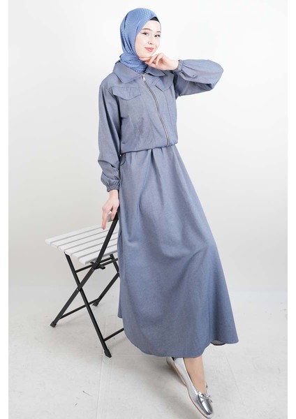 Tesettür Viskon Takım Üst Fermuar Ceketli Elbise Mavi