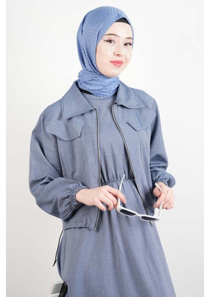 Tesettür Viskon Takım Üst Fermuar Ceketli Elbise Mavi fiyatları