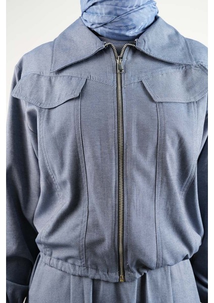 Tesettür Viskon Takım Üst Fermuar Ceketli Elbise Mavi fırsatları