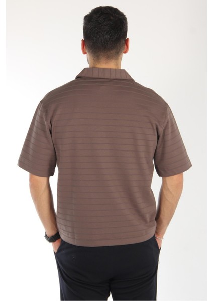 6132 Yakası Fermuarlı Kendinden Çizgili T-Shirt
