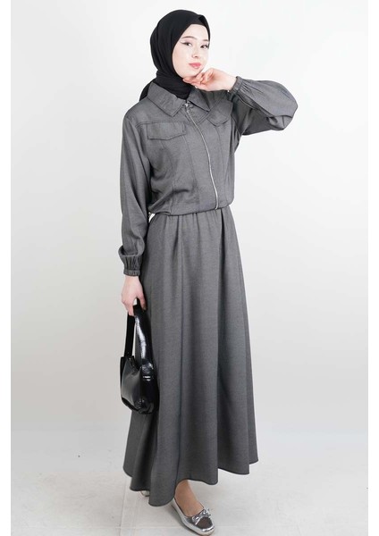 Tesettür Viskon Takım Üst Fermuar Ceketli Elbise Antrasit