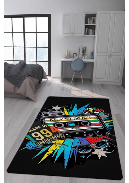 Kaymaz Taban Makinada Yıkanabilir Dijital Baskı Retro Desenli Çocuk Genç Odası Halısı Dot Taban Halı RTR04
