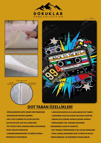 Kaymaz Taban Makinada Yıkanabilir Dijital Baskı Retro Desenli Çocuk Genç Odası Halısı Dot Taban Halı RTR04