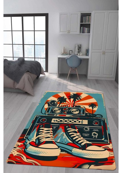 Kaymaz Taban Makinada Yıkanabilir Dijital Baskı Retro Desenli Çocuk Genç Odası Halısı Dot Taban Halı RTR28