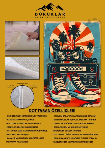 Kaymaz Taban Makinada Yıkanabilir Dijital Baskı Retro Desenli Çocuk Genç Odası Halısı Dot Taban Halı RTR28 fiyatları