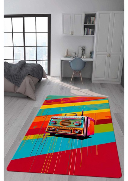Kaymaz Taban Makinada Yıkanabilir Dijital Baskı Retro Desenli Çocuk Genç Odası Halısı Dot Taban Halı RTR19