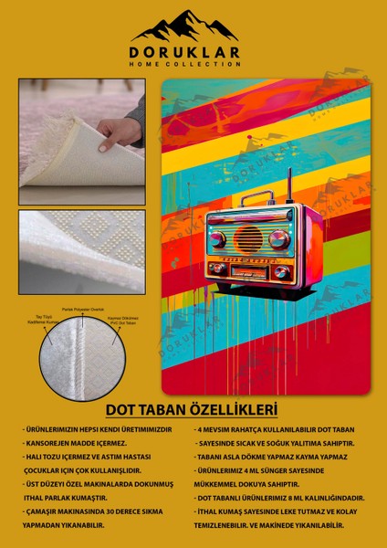 Kaymaz Taban Makinada Yıkanabilir Dijital Baskı Retro Desenli Çocuk Genç Odası Halısı Dot Taban Halı RTR19 modelleri