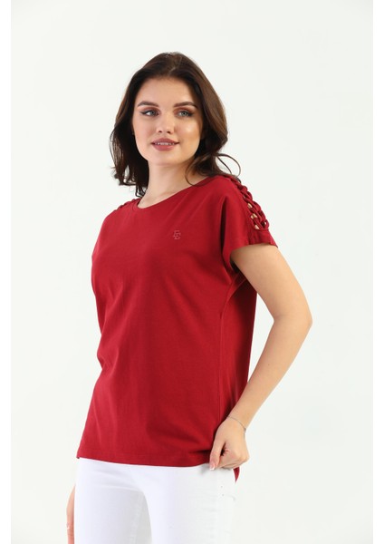Bordo Omuz Örgülü Kadın Tişört