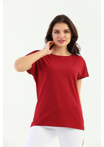 Bordo Omuz Örgülü Kadın Tişört modelleri