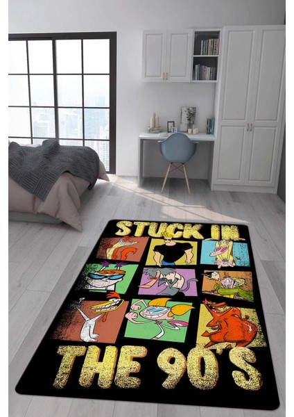 Kaymaz Taban Makinada Yıkanabilir Dijital Baskı Retro Desenli Çocuk Genç Odası Halısı Dot Taban Halı RTR25