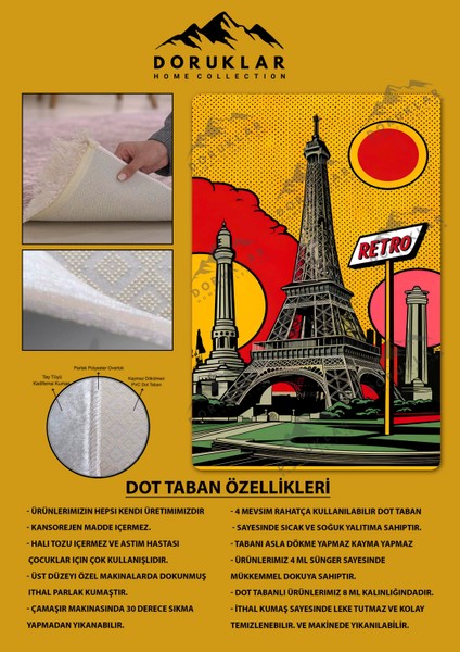 Kaymaz Taban Makinada Yıkanabilir Dijital Baskı Retro Desenli Çocuk Genç Odası Halısı Dot Taban Halı RTR16 modelleri
