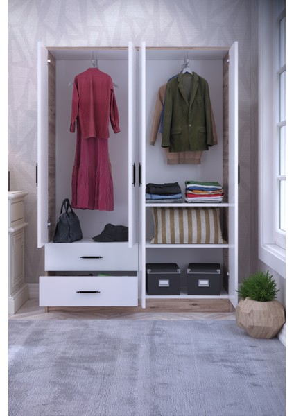 4 Kapılı 2 Çekmeceli 2 Askılı Atlantik Çam-Beyaz Gardırop (Elbise Dolabı-Yüklük) modelleri