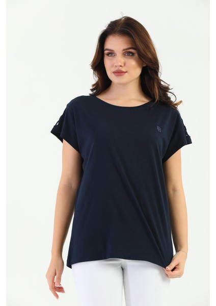 Lacivert Omuz Örgülü Kadın Tişört fiyatları