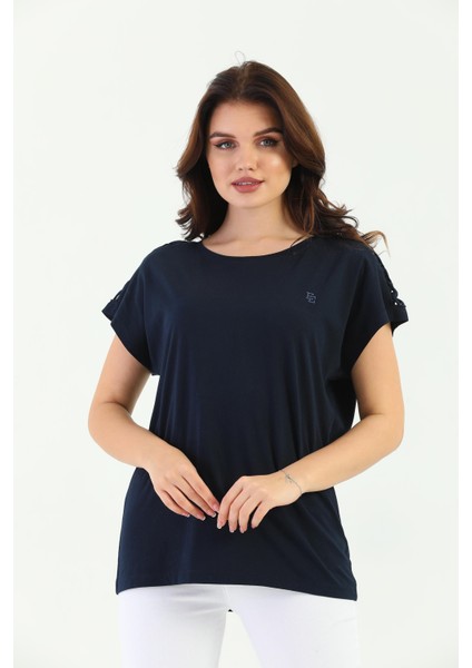 Lacivert Omuz Örgülü Kadın Tişört modelleri