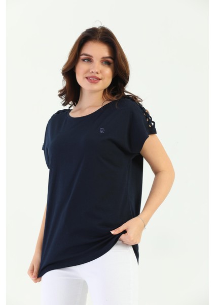 Lacivert Omuz Örgülü Kadın Tişört fırsatları
