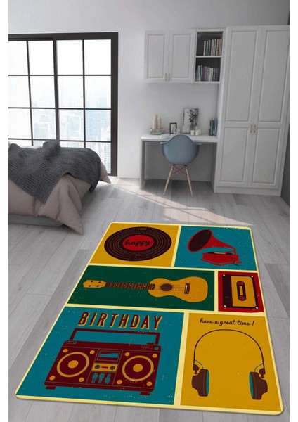 Kaymaz Taban Makinada Yıkanabilir Dijital Baskı Retro Desenli Çocuk Genç Odası Halısı Dot Taban Halı RTR03