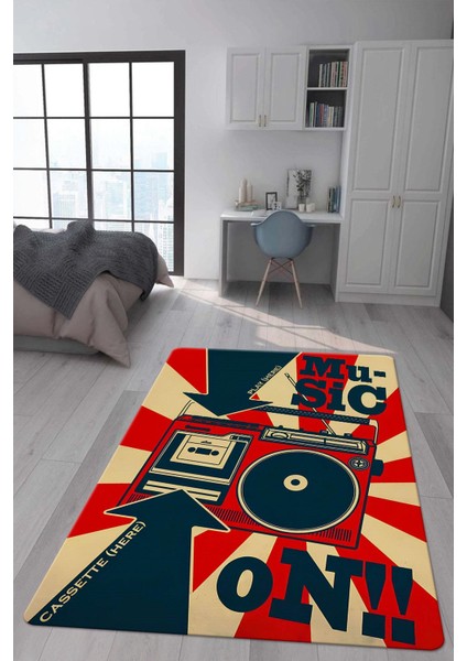 Kaymaz Taban Makinada Yıkanabilir Dijital Baskı Retro Desenli Çocuk Genç Odası Halısı Dot Taban Halı RTR17
