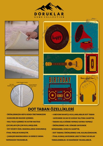 Kaymaz Taban Makinada Yıkanabilir Dijital Baskı Retro Desenli Çocuk Genç Odası Halısı Dot Taban Halı RTR03
